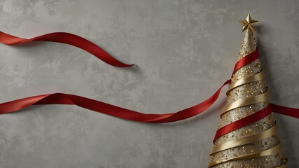 A clean, contemporary background featuring a single red ribbon curling into the shape of a Christmas tree on a light gray canvas