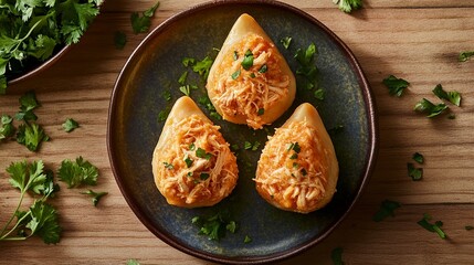 Golden, teardrop-shaped coxinhas filled with creamy shredded chicken, served on a small plate with a garnish of parsley.