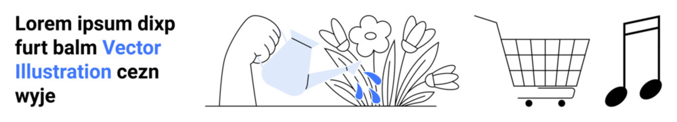Hand watering a plant next to a shopping cart and musical note. Ideal for growth, gardening, online shopping, nature, and music. Banner for landing page