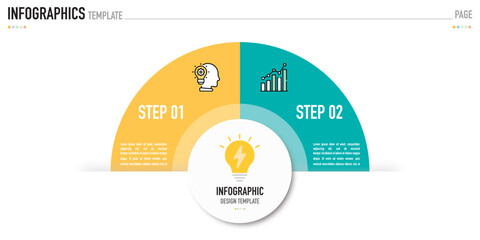 Semi circular infographic business template or element as a vector including 2 step, process, with colorful rectangle and icons on white background for slide or presentation, simple, modern, minimal