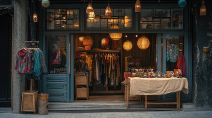 Charming vintage shop front with colorful lanterns and handmade crafts displayed on a sunny day, showcasing a variety of clothing and artisan goods in a bustling market atmosphere.