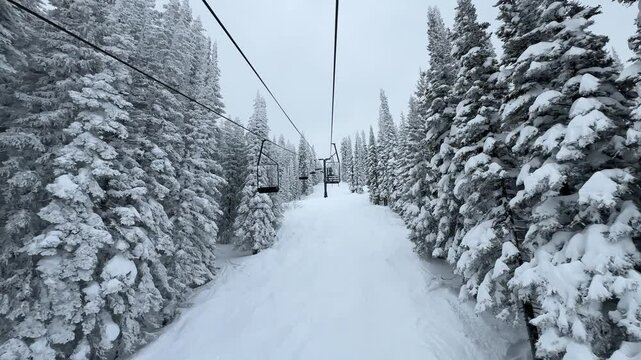 Ski resort chairlifts on a snowy day