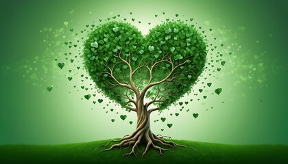 Natural hearts tree with branches  raising from the bottom  fantasy green gradient background,