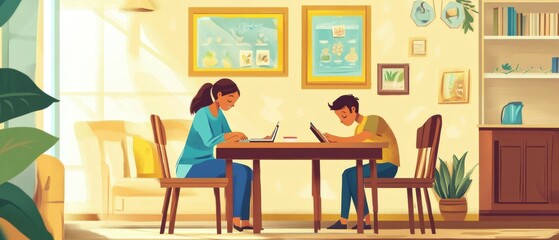 Fototapeta premium Parents Assisting Their Child with Homework at the Dining Table
