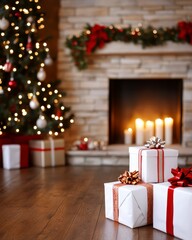 Wrapped Christmas presents in front of a fireplace and Christmas tree.