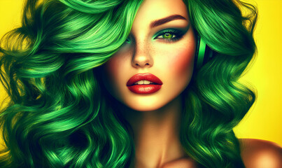 Fototapeta premium Stunning portrait of a woman with vibrant green hair and headphones, showcasing bold makeup and luscious locks.