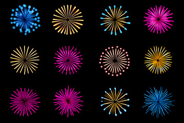 Flat illustration of different shapes of fireworks isolated on black background