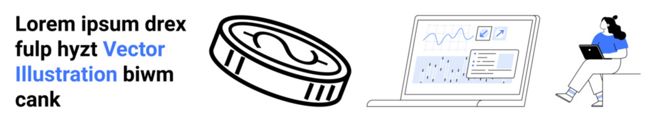 Coin, laptop showing graphs and data, woman sitting with laptop. Ideal for financial technology, online banking, investments, analytics, remote work, technology trends, business startups. Landing