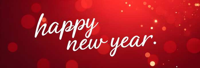 Big white Handwriting thin Letters happy new year over red banner Christmas background