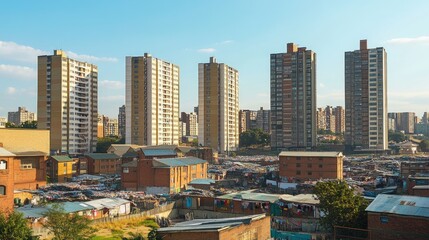 Fototapeta premium Urban Development Landscape with High-Rise Buildings Overlooking Informal Settlements in a City, Capturing Contrasts of Modernity and Tradition in Daily Life