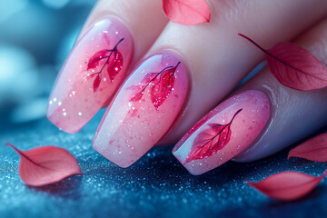 Creative pink  manicure with image of leaves on nails.