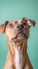Dog Tilting Head on Soft Green Background in Studio Setting