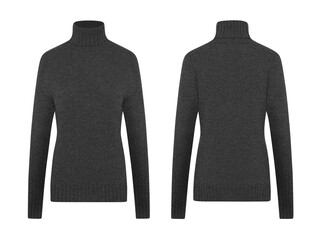 Blank long sleeve turtleneck sweatshirt mockup front and back view, gray women's turtleneck Sweater isolated on white background