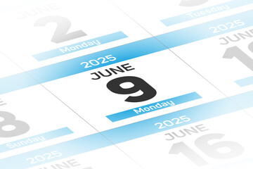 9 June 2025 year date calendar day illustration