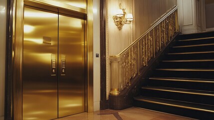 Luxurious Interior View Featuring Elegant Gold Elevator Doors and Opulent Staircase with Decorative Railing in Upscale Building Setting