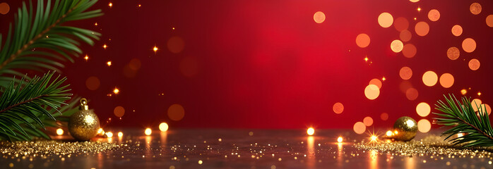 Christmas decorations border with fir branches and golden glitter confetti and sparkles of lights blur bokeh and red background