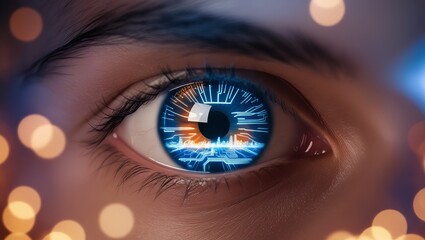Naklejka premium Close-up of a person's eye with a futuristic digital overlay. The warm bokeh lights create a captivating contrast.