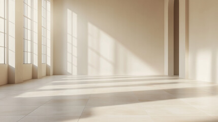 Fototapeta premium Bright sunlight streaming through tall windows onto empty concrete floor beige colors
