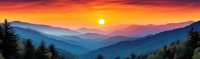 Stunning sunrise over the Blue Ridge Mountains with rolling misty valleys