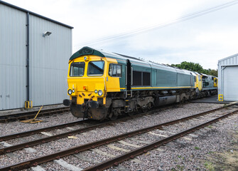 Modern freight locomotives on in a shunting and maintenance yard