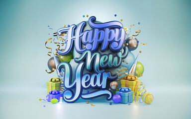 Elegant Happy New Year 2025 Greeting Card Design Illustration with Festive Ribbons. New Year Template, Banner, Background with Balloons, Confetti, Ribbon, Party Rocket, Gifts, & Festive Decorations.