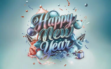 Elegant Happy New Year 2025 Greeting Card Design Illustration with Festive Ribbons. New Year Template, Banner, Background with Balloons, Confetti, Ribbon, Party Rocket, Gifts, & Festive Decorations.