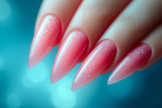 Pink stiletto style manicure on pastel green background