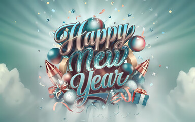 Elegant Happy New Year 2025 Greeting Card Design Illustration with Festive Ribbons. New Year Template, Banner, Background with Balloons, Confetti, Ribbon, Party Rocket, Gifts, & Festive Decorations.