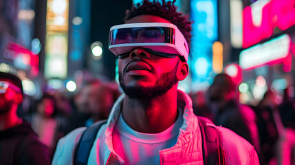 Obraz premium A person wearing futuristic VR goggles stands in a vibrant, neon-lit cityscape, immersed in technology amidst a bustling crowd.