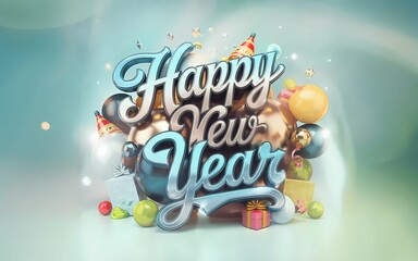 Elegant Happy New Year 2025 Greeting Card Design Illustration with Festive Ribbons. New Year Template, Banner, Background with Balloons, Confetti, Ribbon, Party Rocket, Gifts, & Festive Decorations.