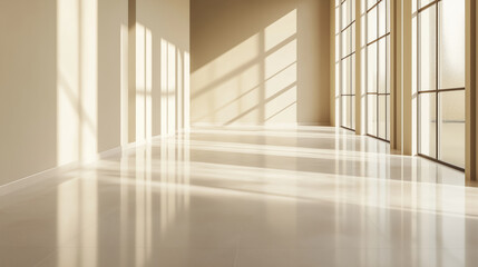 Fototapeta premium Modern, empty room with sunlight creating soft highlights on wooden floor