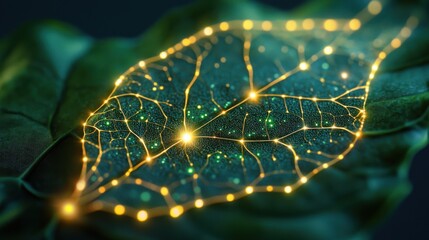Naklejka premium Close-up leaf with glowing details