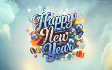 Elegant Happy New Year 2025 Greeting Card Design Illustration with Festive Ribbons. New Year Template, Banner, Background with Balloons, Confetti, Ribbon, Party Rocket, Gifts, & Festive Decorations.