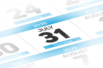Fototapeta premium 31 July 2025 year date calendar day illustration