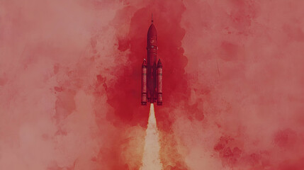 A stylized watercolor painting of a rocket launching into a red sky, representing ambition, innovation, and space exploration.