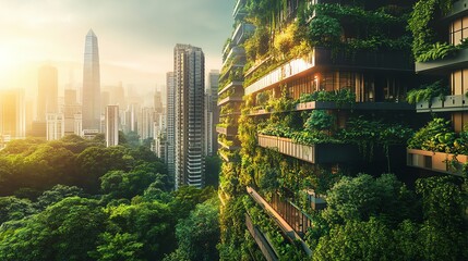 Obraz premium A futuristic eco-cityscape with sustainable buildings, covered in vertical gardens, blending seamlessly into the natural environment, ultra-realistic design