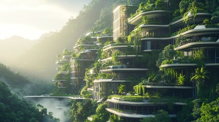 Obraz premium A futuristic eco-cityscape with sustainable buildings, covered in vertical gardens, blending seamlessly into the natural environment, ultra-realistic design