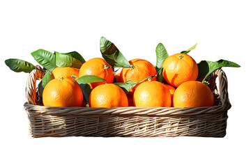 Fresh Oranges in a Basket: A wicker basket overflowing with ripe oranges, each glistening with a juicy promise of sunshine and sweetness. The vibrant citrus fruits, nestled amidst lush green leaves.