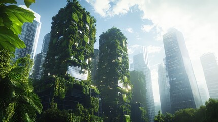 A futuristic eco-cityscape with sustainable buildings, covered in vertical gardens, blending seamlessly into the natural environment, ultra-realistic design
