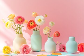 Still Life with Colorful Vases, Pastel Ranunculus, and Multicolored Paper Tiles on a Pink Background, Natural Light, High-Resolution Photography in Minimalist Style.
