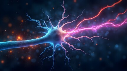 A detailed illustration showcasing neuron connection with active synapse, highlighting nerve communication and electrical signals. Perfect for concepts of neuroscience, biology, and brain functions.