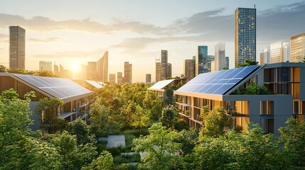 A futuristic urban cityscape with sleek, solar-paneled buildings, eco-friendly infrastructure, and abundant greenery, showcasing eco-solutions in city planning