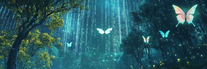 Obraz premium Crypto Digital Forest with Holographic Butterflies. Cryptocurrency Concept. Background Wall Art.