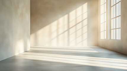 Fototapeta premium High-ceiling room with expansive windows and subtle light shadows