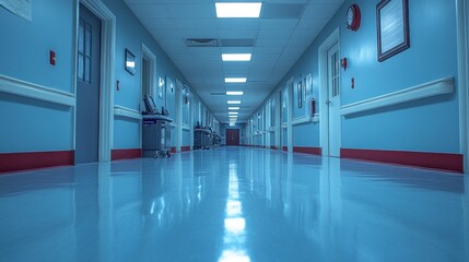 Empty Hospital Corridor: A Sterile and Silent Blue Hue