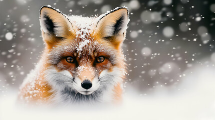 Fototapeta premium Red Fox in Winter Wonderland: A Stunning Snowfall Background