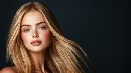 Fototapeta premium Beautiful blonde woman with long straight hair, glowing skin, and captivating eyes. portrait captures elegance and charm against dark background