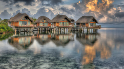Obraz premium Serene overwater bungalows at sunset, reflecting in tranquil waters. Ideal for travel brochures or luxury resort websites.
