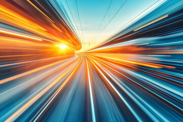Obraz premium Abstract Speed: Light Trails of a Fast-Moving Vehicle Through a Tunnel at Sunset
