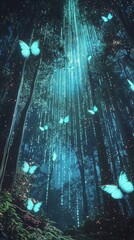 Obraz premium Crypto Digital Forest with Holographic Butterflies. Cryptocurrency Concept. Background Wall Art.